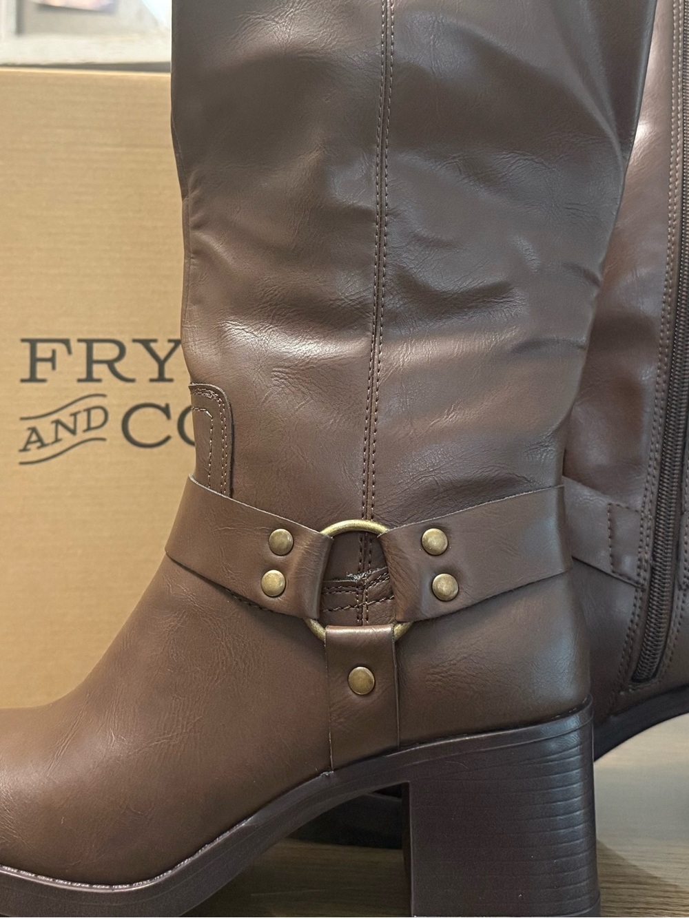 Frye & co. Dark Brown Leather Harness Heeled Mid-Calf Boots